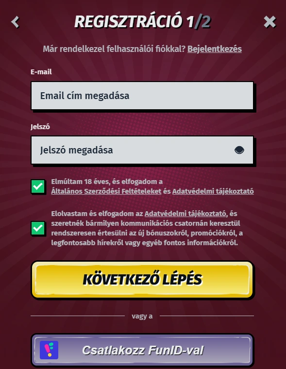 Allyspin Casino Regisztrációs folyamat lepes 1